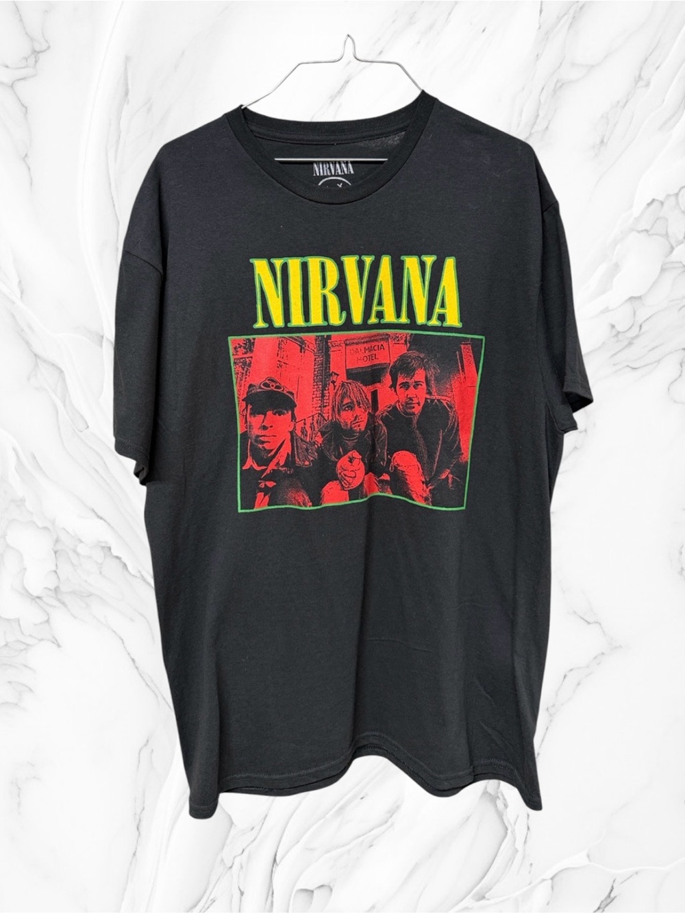 NIRVANA Black Tee with Yellow Logo and Red/Green Photo Graphic
